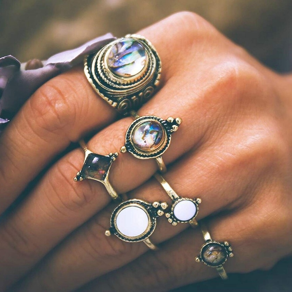 6 Boho Antique Gold Stackable Ring Set - Picture 2 of 7